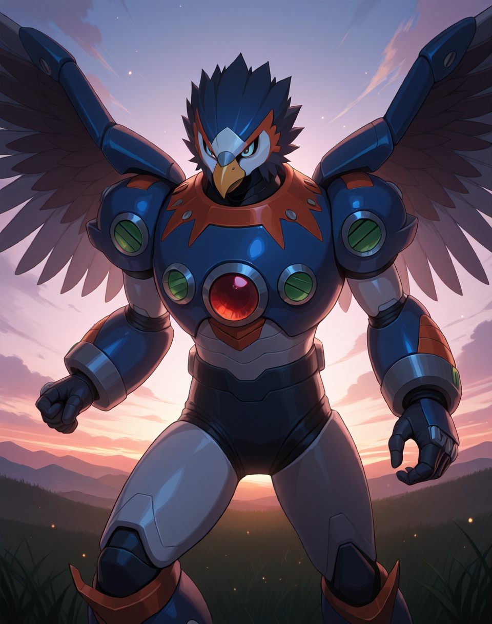 <lora:Reploid_(Mega_Man_X)_(Illustrious)_(AD):1.5> reploid, MMX, 
exterior, sky with clouds, grassy valley,
male focus, intense shadows, dynamic shadows, intricate details, attention to details, gradient coloring, bright vivid colors, robot, bent leg, glossy metal body, cowboy shot, hawk reploid, 
BREAK very awe, masterpiece, best quality, amazing quality, very aesthetic, highres, absurdres,  
EZRealPONYXL, zPDXL, Smooth Quality, lazynsfw,