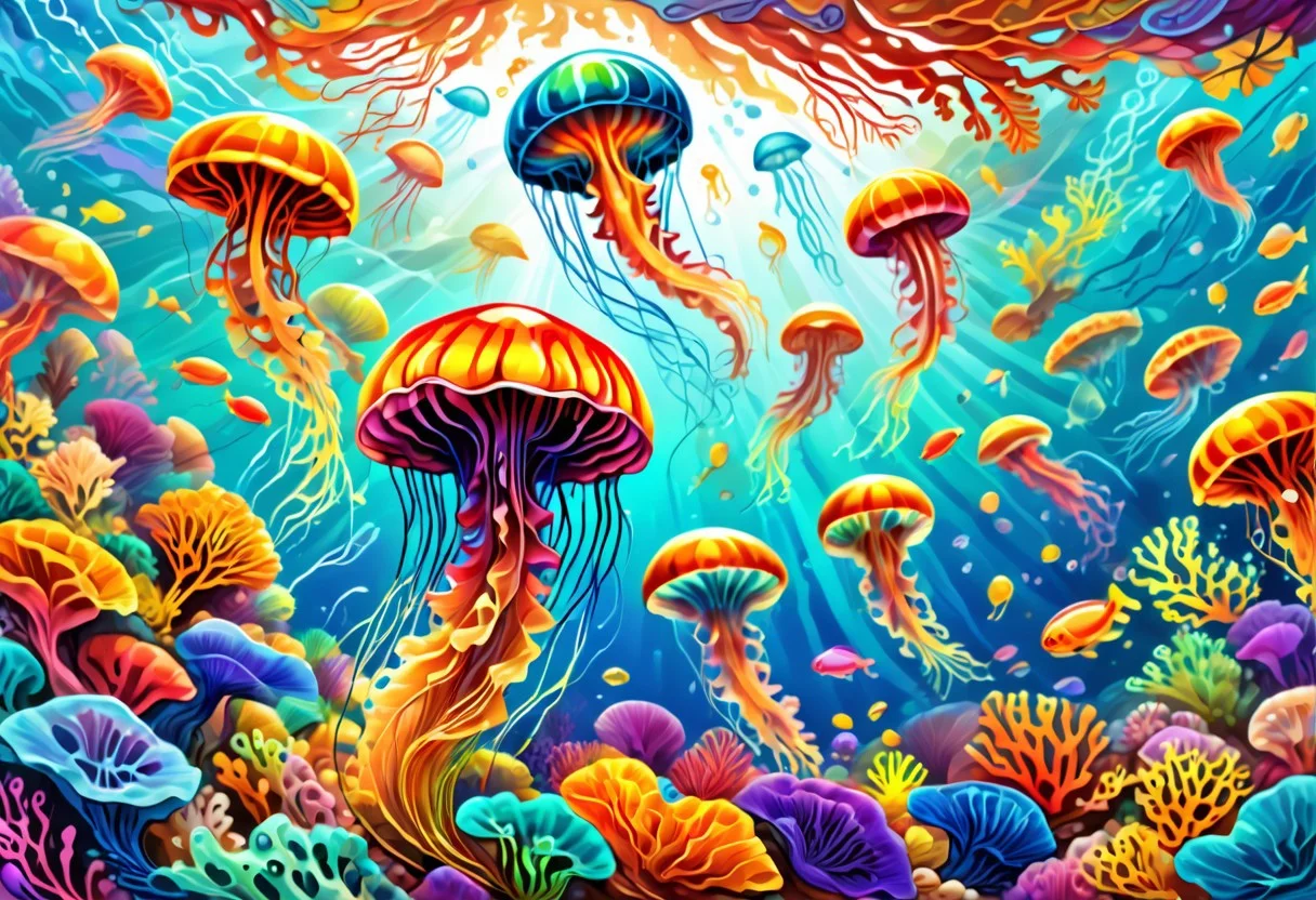 Jed-Spl4sh, colorful jellyfish swimming over the coral reef, cartoony realism, beautiful ocean landscape, underwater