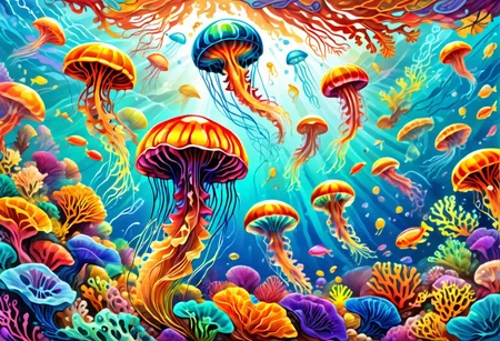 Jed-Spl4sh, colorful jellyfish swimming over the coral reef, cartoony realism, beautiful ocean landscape, underwater