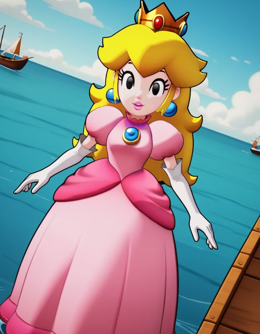 score_9, score_8_up, score_7_up, source_anime, <lora:princess-peach-brothership-ponyxl-lora-nochekaiser:1>, princess peach, blonde hair, black eyes, long hair,, crown, dress, gem, gloves, pink dress, puffy short sleeves, puffy sleeves, short sleeves, white gloves,, harbor, boats, water, dock, trade, , v, v over eyes,, looking at viewer, solo,, dutch angle, cowboy shot
