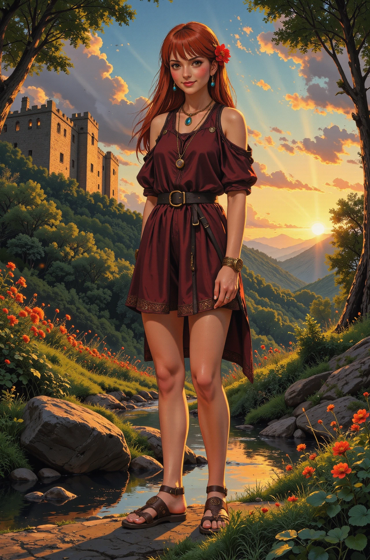 straight hair auburn hair young woman, druid, anime, illustration, extremely detailed, portrait, standing, happy smile, flower in hair, glossy lipstick, celtic necklace, tassel earrings, loincloth, sandals,  Dark Red druid short dress, legs, sharp focus, fantasy, celtic landscape, small rock, moss, ripples, reflections, celtic  castle, small river pond, druid forest, druid village, stunning nature environment, enchanted land, clovers, Bright Warm Brown flowers, best quality, colorful, wet floor, bright sunny sky, sunset, raytracing, hdr, high contrast, ethereal natural lights, backlight, lens flare, shadows, vibrant colors, colorful, pretty, beautiful, happy, smiling, feminine, sexy, lovely, in love, adorable, fashion,  <lora:Hand v2:1> <lora:Anti-Blur:1><lora:Insane Detail Slider:0.5>  <lora:flux.1_lora_flyway_Epic-detail_v2:0.3><lora:fluxenhancer:0.5> <lora:RetroAnimeFluxV1:0.4> <lora:Luminous_Shadowscape:0.4> <lora:SujatmikoArafuru_Flux:0.2> Suzume style