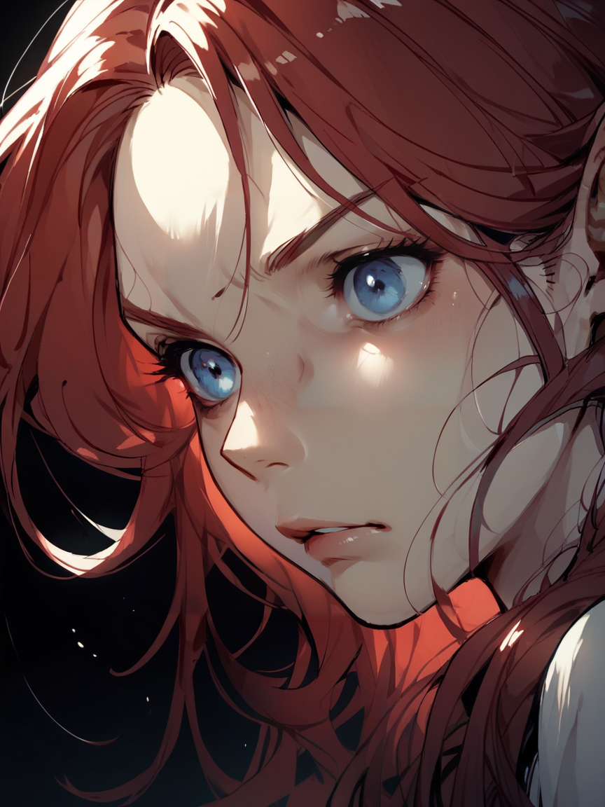 score_9, score_8_up, score_7_up, score_6_up, score_5_up,  <lora:NfXLP:1> nf, 1girl, blue eyes, long hair, gloomy, black background, red hair, close-up