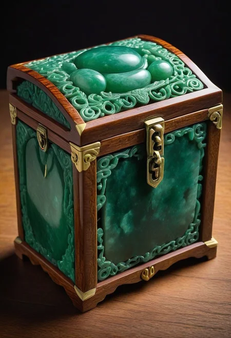 made from jade and obsidian, jade, obsidian,score_9, score_8_up, score_7_up,wooden chest, locked, expensive looking