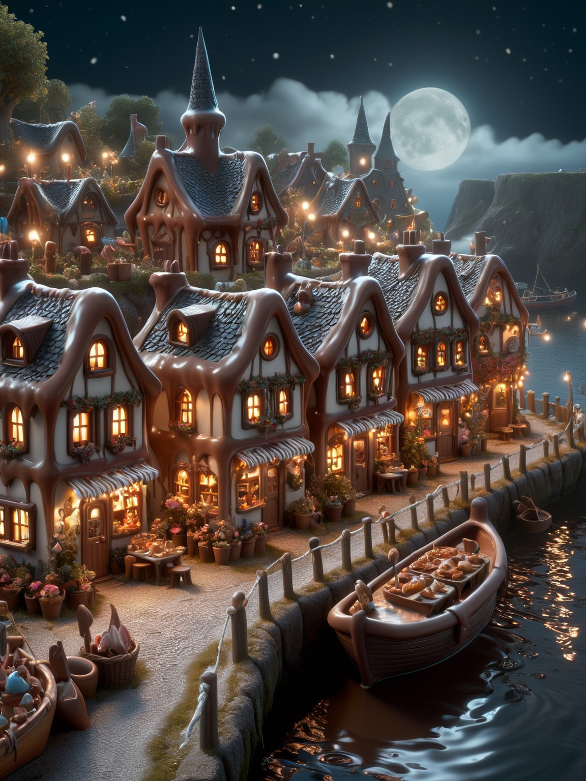 a whimsical scene of a ais-chocsauce fairy village at night, with tiny habor, fishing boats, shops, houses, pub, bakery, butchers, bridges, and gardens all intricately covered with ais-chocsauce, smoke from chimneys, buildings with ethereal lights, dark, atmospheric, dynamic, cinematic, masterpiece, intricate, hdr. <lora:Chocolate_Sauce_SDXL:1>,<lora:EnvyBetterHiresFixXL01:0:hr=1>