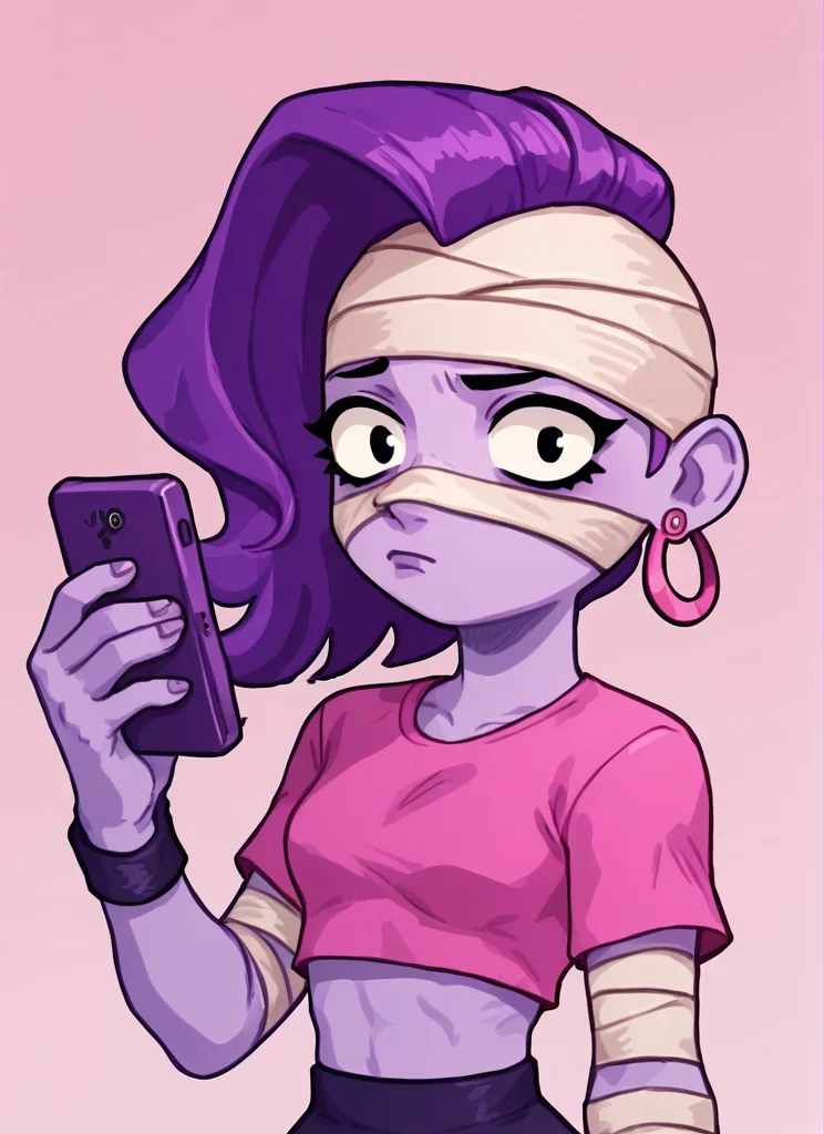 score_9, score_8_up, score_7_up, <lora:bsemz:1>bsemz , 1 girl , purple skin , bandages ,Earrings , purple hair, skirt ,cropped shirt , pink shirt , <lora:PossumMachine:1>posmach , confused , (????:1.1) , , looking at viewer, Phone in hand