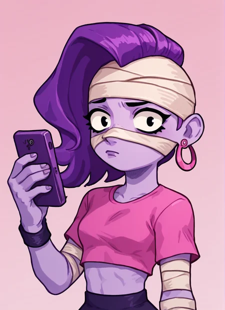 score_9, score_8_up, score_7_up, <lora:bsemz:1>bsemz , 1 girl , purple skin , bandages ,Earrings , purple hair, skirt ,cropped shirt , pink shirt , <lora:PossumMachine:1>posmach , confused , (????:1.1) , , looking at viewer, Phone in hand