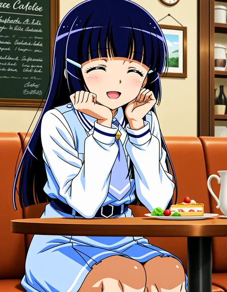 <lora:dmd2_sdxl_4step:1>,official style,masterpiece,best quality,newest,very aesthetic,highly detailed,high resolution,absurdres,highres,depth of field,super detailed skin,very awa,Anime,anime coloring,anime screencap,<lora:cure_beauty_V2:1>,abstract_background,aoki reika,smile,open mouth,solo,closed eyes,cafe,sitting,