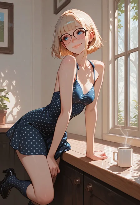 masterpiece, best quality, 32k, high resolution, absurdres, .saly, blonde, eyeglasses, slim, blue eyes, eyeglasses, short hair, blunt bangs, cute face, beautiful lips, small breasts, freckles, shy smile, leaning on high counter, hightop, (looking out the window), dappled sunlight, morning sun, drinking coffee, holding coffee mug, dress, kneehighs, polka dot, black heels, masterpiece, best quality, newest, absurdres, highres, very awa,