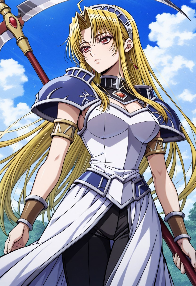 masterpiece, best quality, newest, highres, uncensored, 1girl, yokota mamoru style,1girl,
Tifana Luxembur,Ahoge Hair, Blonde Hair, Curtained Hair, Parted in Middle, Sidehair, Straight Hair, Waist Length Hair,Red Eyes,Slim
1girl, solo,long hair, armor, weapon, scythe, red eyes, sky, day, outdoors, cloud, hairband, armlet, holding，white dress，black pants