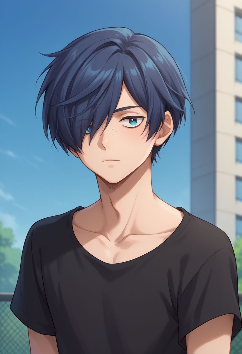 score_9, score_8_up, source_anime, highly detailed, 1boy, 
toi, 1boy, male focus, hair over one eye, solo, freckles, blue eyes, shirt, blue hair, black shirt, collarbone, t-shirt, upper body,
outdoor,