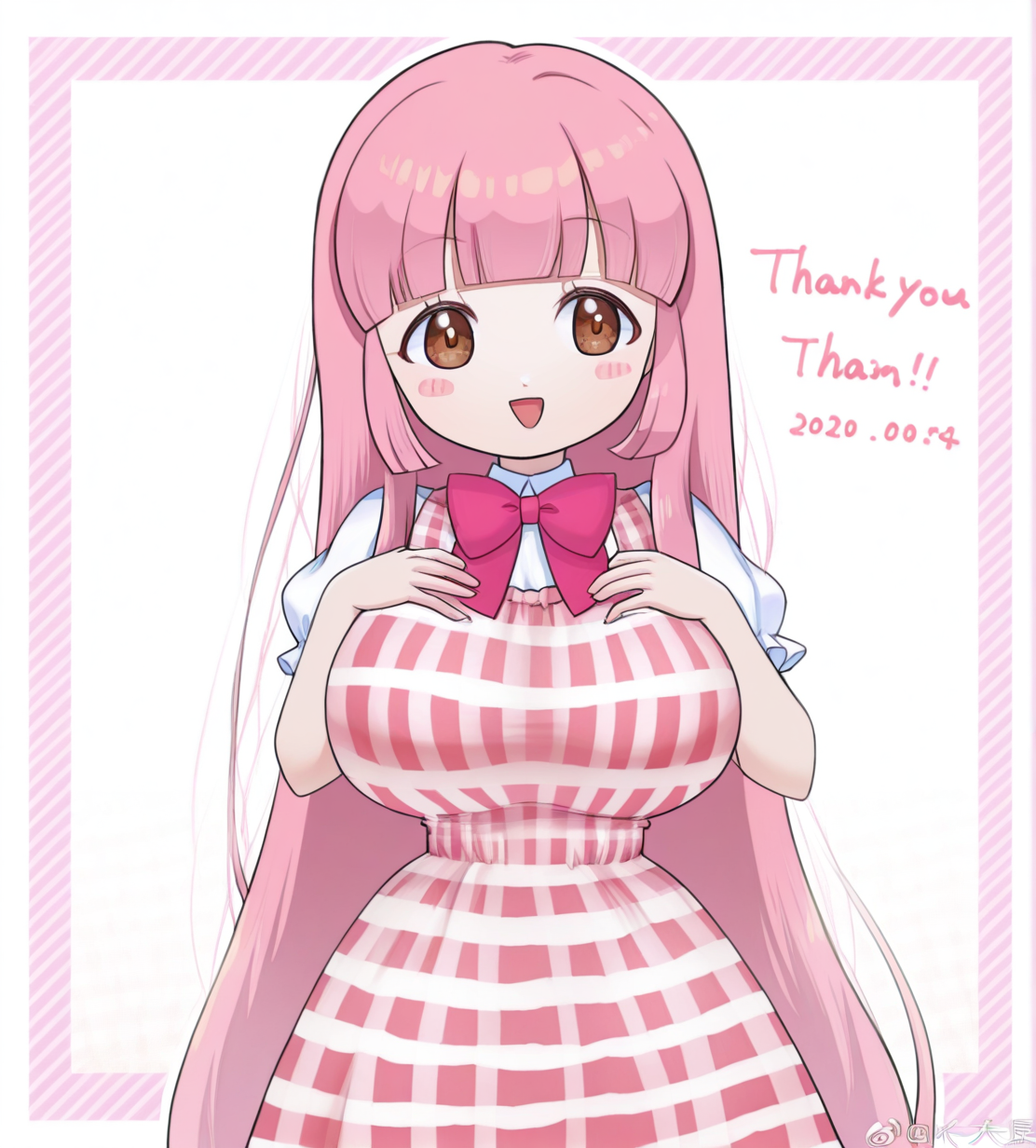 1girl, nikki (nikki), wild hips, huge breasts, bare arms, blunt bangs, blush stickers, bow, bowtie, brown eyes, collared shirt, cropped legs, dress, hands on own chest, kaomoji, long hair, open mouth, pink bow, pink bowtie, pink dress, pink hair, plaid clothes, plaid dress, puffy short sleeves, puffy sleeves, shirt, short sleeves, sleeveless, sleeveless dress, smile, solo, straight-on, straight hair, thank you, traditional bowtie, very long hair, weibo watermark, white shirt, 
intricate details,detailed background,  <lora:anatomy_helper:1> <lora:noobaiXLNAIXL_epsilonPred11Version-lora:0.1> <lora:azk:1.3>