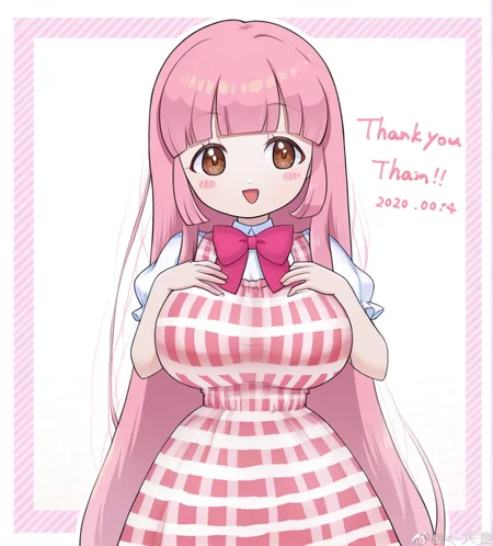 1girl, nikki (nikki), wild hips, huge breasts, bare arms, blunt bangs, blush stickers, bow, bowtie, brown eyes, collared shirt, cropped legs, dress, hands on own chest, kaomoji, long hair, open mouth, pink bow, pink bowtie, pink dress, pink hair, plaid clothes, plaid dress, puffy short sleeves, puffy sleeves, shirt, short sleeves, sleeveless, sleeveless dress, smile, solo, straight-on, straight hair, thank you, traditional bowtie, very long hair, weibo watermark, white shirt, 
intricate details,detailed background,  <lora:anatomy_helper:1> <lora:noobaiXLNAIXL_epsilonPred11Version-lora:0.1> <lora:azk:1.3>