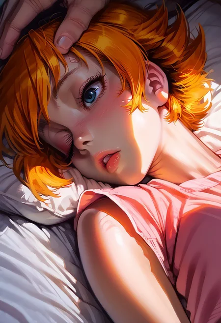 1girl, solo, score_9, score_8_up, score_7_up, score_6_up, source_anime, laying on bed, pillow, on side, breasts exposed, pink pajamas, eyecheck, one closed eye, close up, puffy nipples, hand on head, open eyes, sleeping, IgawaSakura, 1girl ,orange hair, short hair, flipped hair, blue eyes,