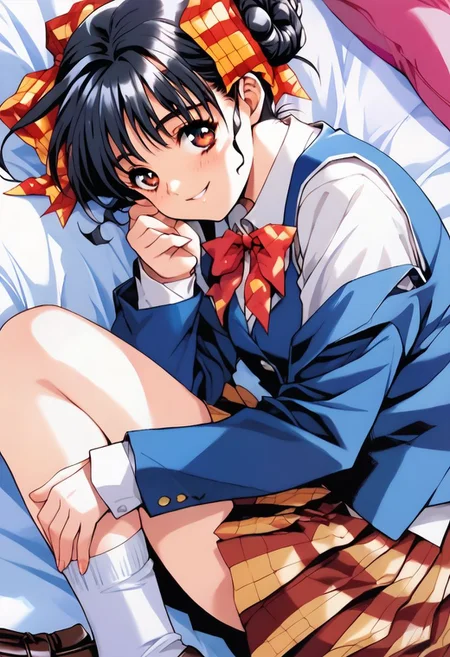 ASCII <lora:pony_xl_narusawa:0.8>,narusawa,score_9,score_8_up,score_7_up,source_anime,1girl, black hair,looking at viewer,school uniform,long sleeves, white sleeves, vest, blue vest, pleated skirt,plaid skirt,socks,loafers,cowboy_shot,smile, bed, lying on bed, 
masterpiece, best quality,
