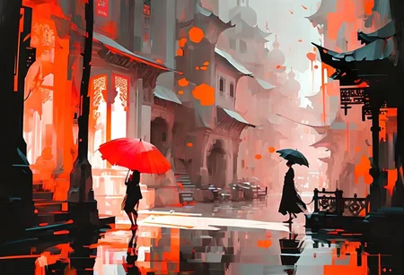 Art by THE scandinavian Style Palette(impressionism:1.7)-----in THE Style of Josef kote----
Cinematic composition perspective, Fractured, impressionistic
double exposure
minimalist drawing in ink and watercolor, girl with an open umbrella, Victorian Gothic aesthetic, sensual, futuristic sci-fi chinese city, marked silhouette, bold strokes, hard shadows, black and white with a touch of crimson and gold, black background, gradients