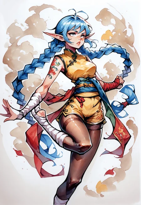score_9, score_8_up, score_8, score_7_up, white outline, masterpiece, c4m3lt0, cartoon, comic, solo, traditional media,
We1La1, 1girl, elf, martial artist, adult, slender athletic build, pointed ears, cerulean-blue hair, long twin braids, very long braids, silver eyes, dragon-tattoo on arm, acrobat clothes, high waisted shorts, red and blue and gold clothing, chinese clothes, skindentation, tights, pantyhose, long sash around waist, leg wraps, foot wraps, calloused feet,