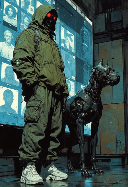 A highly detailed digital illustration in fantasy art depicts a man and a robotic dog in a cyber-noir setting, standing in front of a massive digital screen displaying high-resolution images and biometric data of wanted criminals, flickering as new profiles appear. The man wears an olive-green puffy jacket reinforced with cybernetic plating, neon circuitry glowing along the seams, and the Nike swoosh subtly integrated into the futuristic design. His matching olive-green pants have metallic accents and fiber-optic threading, slightly baggy but structured, paired with white, high-tech sneakers featuring self-tightening straps and illuminated soles. His black hood, reinforced with an armored exoskeletal framework, conceals most of his face, while a sleek cyber-mask with an iridescent digital display covers his lower face, adding an enigmatic presence. Beside him, a robotic dog with a matte-black metallic body stands alert, its angular frame reinforced with cybernetic joints, its red eyes glowing ominously as it scans the environment. A low hum vibrates from its core, hinting at raw power. The environment fuses futuristic and industrial aesthetics, dim neon lighting casting moody reflections over steel-paneled walls, and floating holographic interfaces illuminating the polished floor, enhancing the dystopian, high-tech atmosphere filled with mystery, tension, and cybernetic precision.