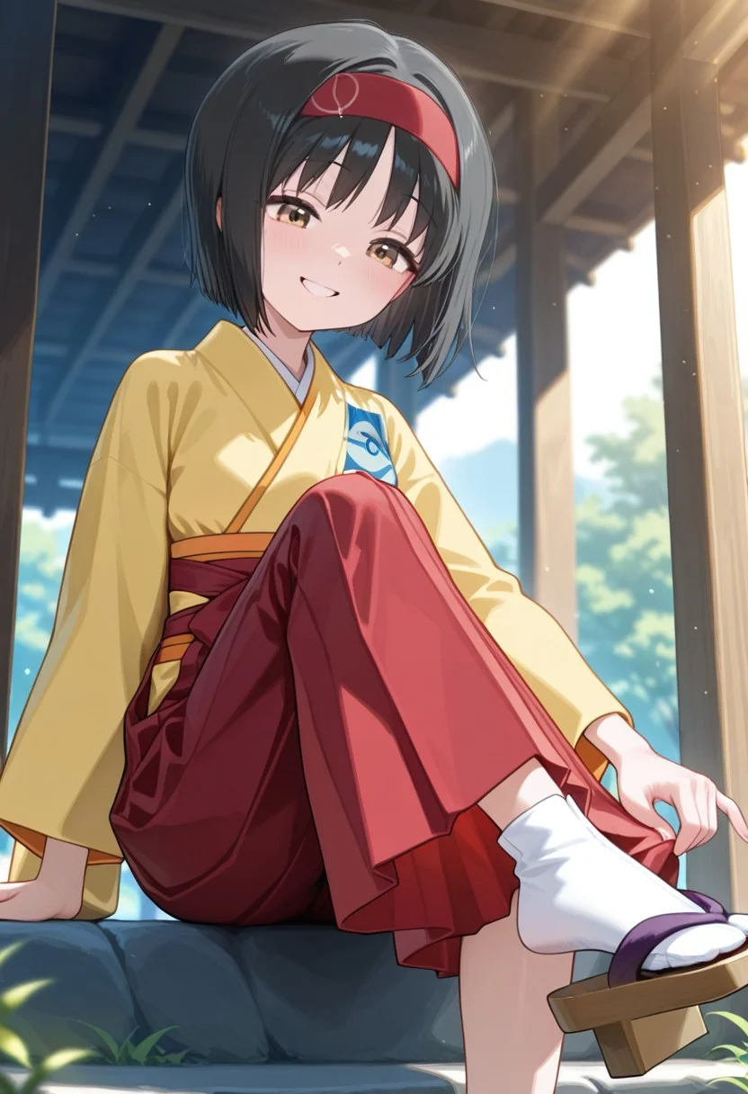 1girl, nsfw, erika, black hair, red hairband, short hair, brown eyes, yellow kimono, hakama, red hakama, long sleeves, wide sleeves, (cute expression, cute smile, tilted head) BREAK dynamic view, dynamic cute pose, feet focus, foot up, knees up, white tabi, geta, adjusting foot wear, dainty feet, BREAK outdoors, detailed background, colorful, vibrant colors, soft lighting, lighting rays, glowing particles, volumetric lighting, soft shading, rich detailing, official art, BREAK detailed eyes, detailed clothes, soft skin texture, high-arched feet, delicate legs, large calf, (masterpiece:1.4, best quality:1.4, amazing quality, newest, very aesthetic:1.4, ultra-detailed, absurdres, 4k)