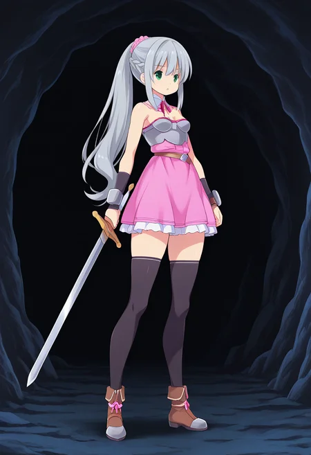 1girl, solo, lalaciellalanciel, grey hair, very long hair, braid, ponytail, hair scrunchie, green eyes, detached collar, strapless dress, armor, arm_guards, bracers, breastplate, medium breasts, black thighhighs, boots, holding sword, cave, serious, parted lips, standing, full body,