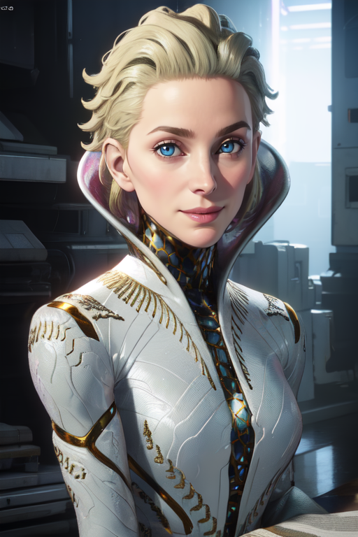 Tilda, white bodysuit,  short blonde hair,  blue eyes 
upper body,solo, standing,  light smile, 
science fiction,  museum,  sitting,  
(insanely detailed, beautiful detailed face, masterpiece, best quality),    <lora:TildavanderMeer:0.7>