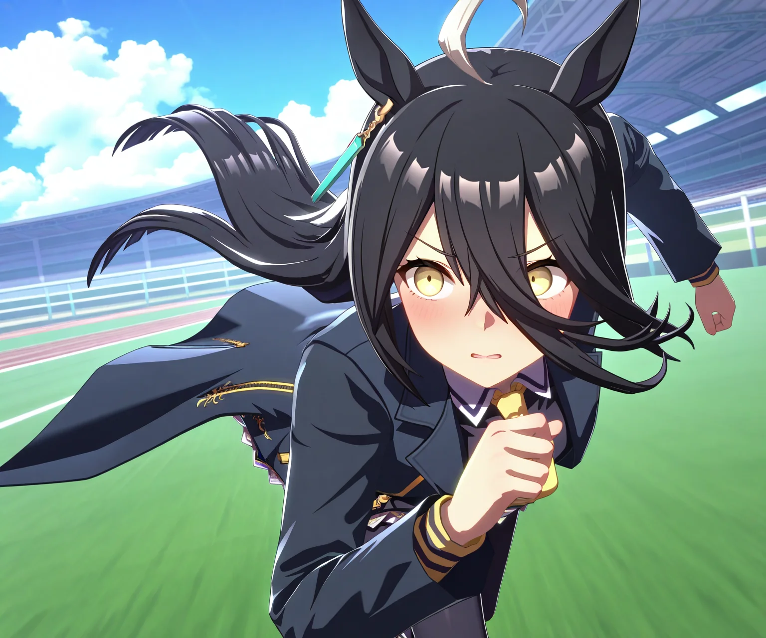 masterpiece, best quality, amazing quality, , 1girl, solo, umamusume, racetrack, running, <lora:Manhattan Cafe in game style 3D ILL-v2:1> ummsmingame, 3d, manhattan cafe \(umamusume\)