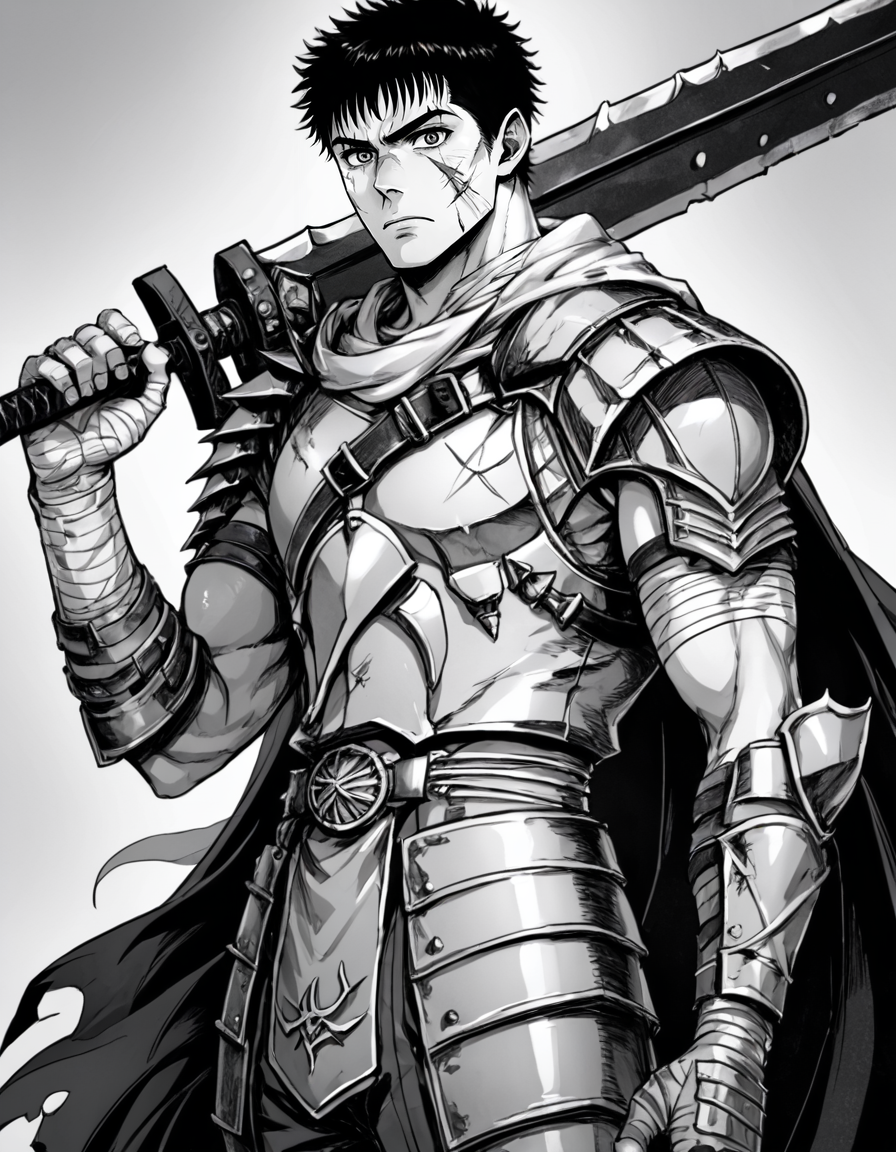 score_9, score_8_up, score_7_up,
source_anime,
guts (berserk),holding sword,
one-handed,sword-over-shoulder,,weapon over shoulder,
solo,looking at viewer,short hair,1boy,closed mouth,monochrome,upper body,,greyscale,male focus,,scarf,cape,holding weapon,armor,blood,muscular,scar,bandages,muscular male,shoulder armor,scar on face,serious,injury,breastplate,blood on face,scar on cheek,huge weaponblood on weapon,scar on nose,
 <lora:sword_over_shoulder:0.8>