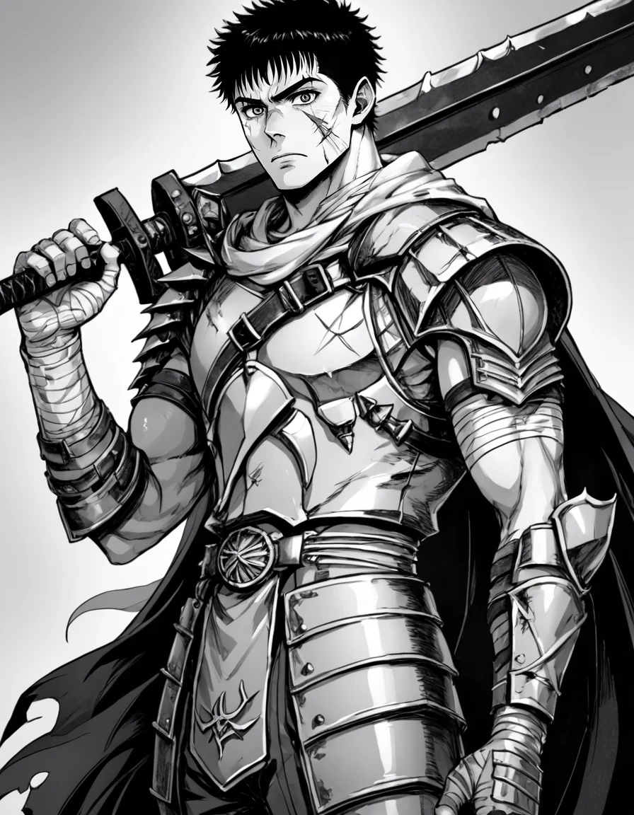 score_9, score_8_up, score_7_up,
source_anime,
guts (berserk),holding sword,
one-handed,sword-over-shoulder,,weapon over shoulder,
solo,looking at viewer,short hair,1boy,closed mouth,monochrome,upper body,,greyscale,male focus,,scarf,cape,holding weapon,armor,blood,muscular,scar,bandages,muscular male,shoulder armor,scar on face,serious,injury,breastplate,blood on face,scar on cheek,huge weaponblood on weapon,scar on nose,
<lora:sword_over_shoulder:0.8>