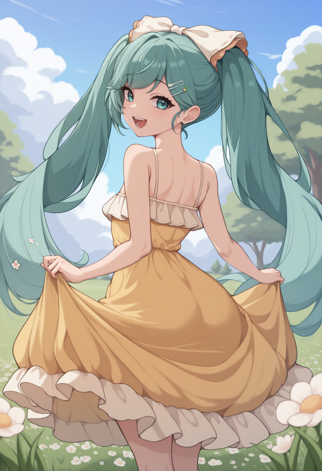 masterpiece, best quality, from behind, solo, 1girl, ykmk24, :d, teeth, looking back, skirt hold, aqua hair, twintails, hairclip, hair bow, white bow, food-themed hair ornament, aqua eyes, yellow sundress, bare shoulders, outdoors, blue sky, cloud, grass, flower field, tree
<segment:yolo-Anzhc Face seg 640 v2 y8n.pt,0.4,0.5//cid=1>