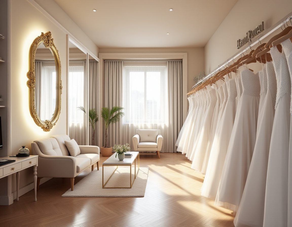 <lora:JJsBridalStore_Flux:1> ((bridal store)) , ((best quality)),((masterpiece)),((realistic)),indoors, mirror, reflection, chair, sofa, curtain, table, photorealistic, authentic, indoor scenery, highly detailed, ceiling light, cloth, glass, sky, center composition,