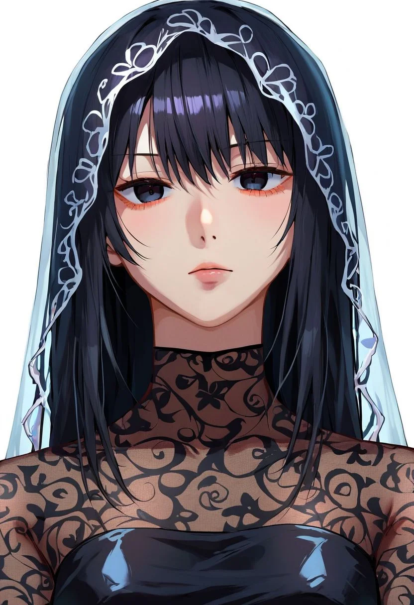 score_9, score_8_up, score_7_up, score_9,4k, HD, 8k, highres, BREAK, Sainttufa, 1girl, solo, emotionless, Osaragi, Black hair, long hair, black eyes, veil, black dress, floral pattern, intricate, see-through, arms at sides, half body, portrait, close up, looking at viewer, white background