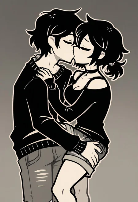 1boy, 1girl, outline, score_9,
stand and carry, stand and carry sex pose,
boy lifting girl legs, couples,
kissing, couples kissing,
rating explicit, simple background,
BREAK
1girl, ashleygr, black hair, forehead, ponytail, choker, off-shoulder shirt, cleavage, medium breasts, shorts, thighs, bare legs,,
BREAK
1boy, Andrew Graves, black hair, short hair, hair between eyes, black sweater, jeans, pants