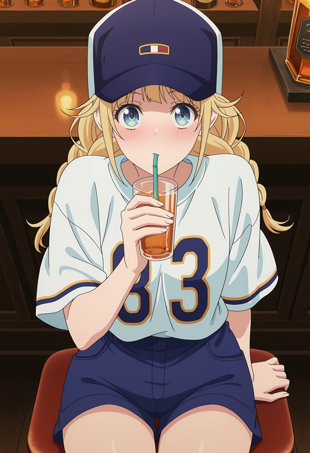 highres, best quality, masterpiece, 
anime screencap,
1girl, solo, blush, prpkeiko, blonde hair, twin braids, blue eyes,
<lora:_eiko_tsukimi-elesico-ilxlA:1>  indoors, pub, bar, baseball shirt, two-tone headwear, blue headwear, white shirt, number print, untucked, blue shorts, short shorts, looking at viewer, sitting, from above, drinking,