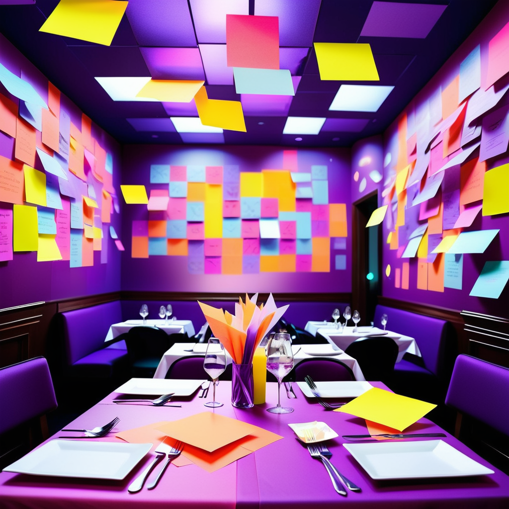Collage of an ethereal Restaurant, purple background, otherworldly, magical, Jed-StickyN, <lora:StickyNotesStyle:1>, contemporary fine detail, rich vivid colors, polished, dynamic composition, beautiful, colorful, inspired, extremely rich detail, dynamic background, dynamic dramatic composition, beautiful detailed