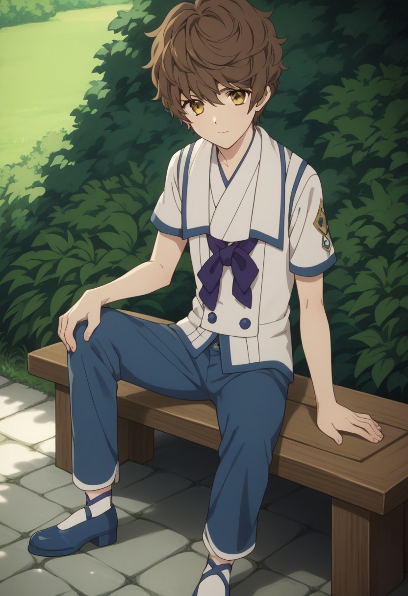 score_9, score_8_up, score_7_up, source_anime, highly detailed, 
mamoru, solo, brown hair, 1boy, male focus, looking at viewer, pants, blue pants, yellow eyes, brown eyes, short hair, closed mouth, shoes,
blue footwear, pants, blue pants, rolled up pants, kamisu school uniform,
buttons, shirt, bow, purple bow,
outdoor, sit