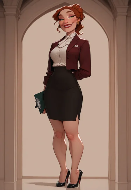 masterpiece, best quality, amazing quality, very aesthetic, DISNEY_ANIMATION, incoth, (incase:0.6),
tall female, toned body, Irish, full body freckles, late 20s, auburn hair, high ponytail, emerald eyes, high cheekbones, soft facial features, full lips, confident expression, smile, elegant, commanding presence. female office worker, white blouse, burgundy blazer, pencil skirt, red lipstick, sharp eyeliner, gold accessories, pen, clipboard, confident woman, stylish heels, strict but elegant, serene expression, organized woman, professional.