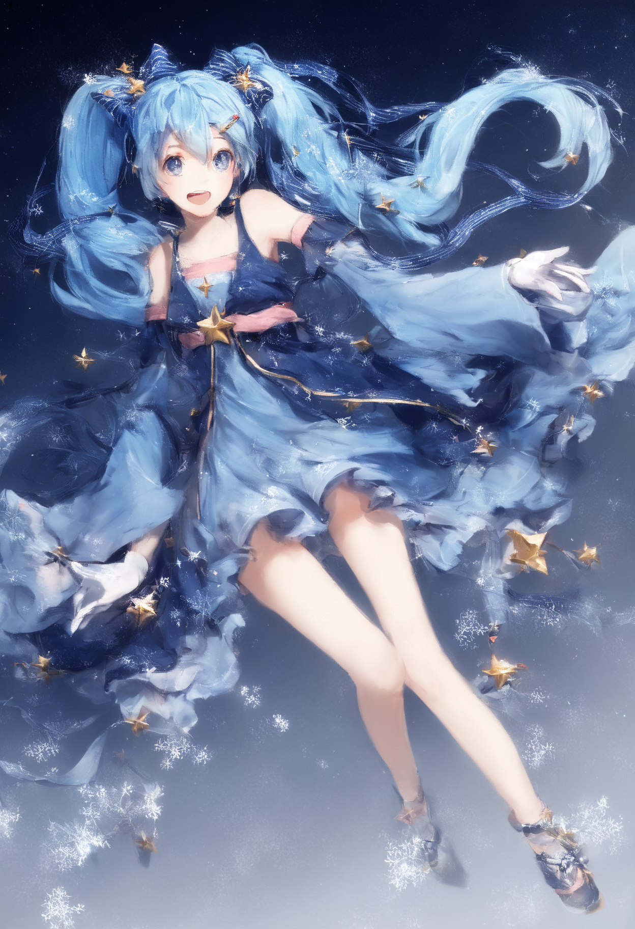score_9,score_8_up,score_7_up,,source_anime BREAK  ,SHM17, hatsune miku, 1girl, yuki miku, constellation print, long hair, star \(symbol\), twintails, solo, blue hair, blue eyes, open mouth, hair ornament,  gloves, detached sleeves, dress, smile, blue dress, star hair ornament, looking at viewer, starry sky print, hairclip, snowflakes, striped ribbon, hair bow, full body, white background<lora:éªãã¯17:1>