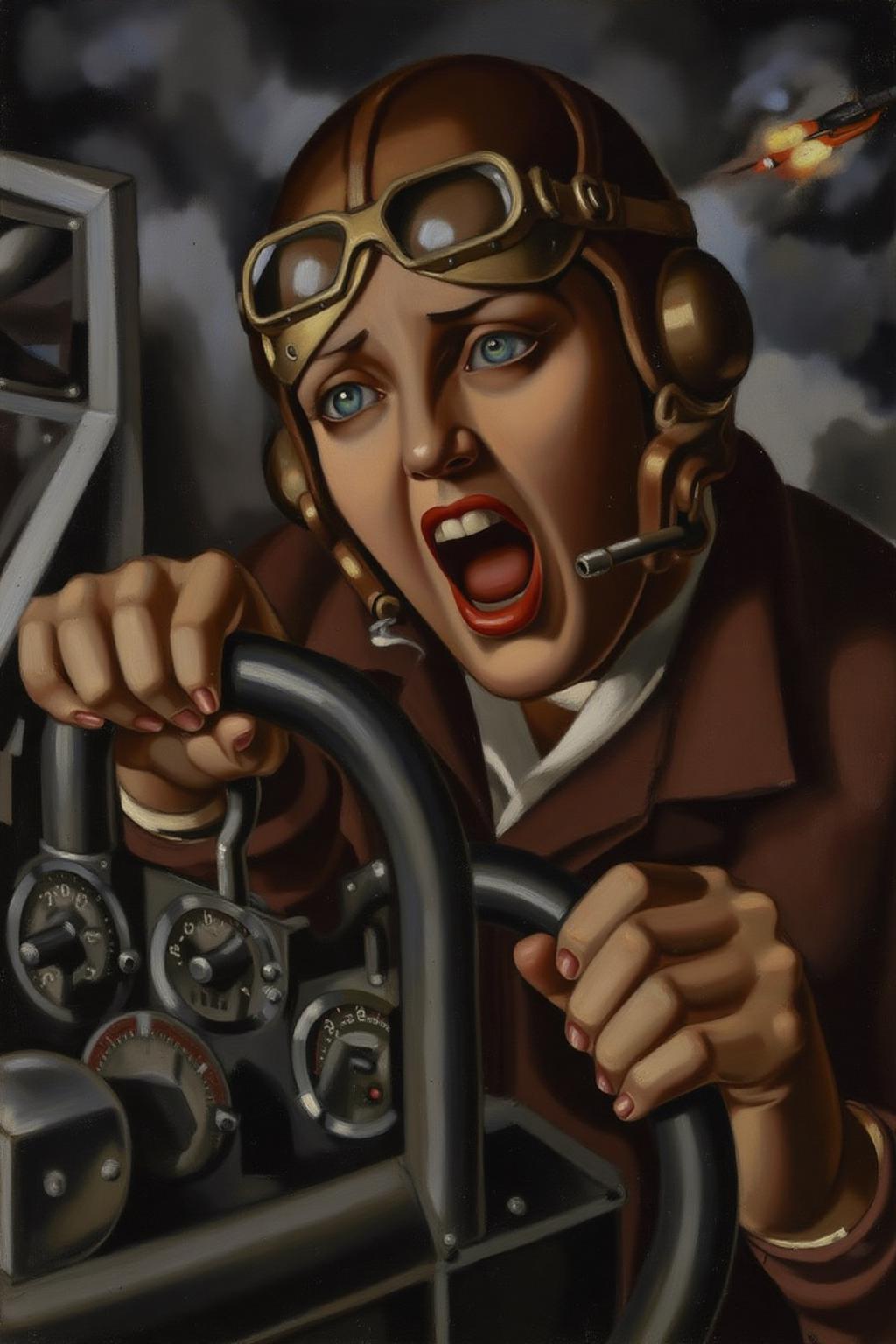 tamaradelempicka1 painting.
A female pilot screaming inside the cockpit of a World War II bomber. The pilot, wearing a vintage leather flight helmet with goggles and a bomber jacket, grips the controls with white-knuckled hands. Her face is contorted in a mix of fear and determination as she yells, her eyes wide with adrenaline. The cockpit is cramped and filled with old-fashioned dials and gauges, with the outside view showing dark stormy clouds and distant anti-aircraft fire <lora:tamaradelempicka1_cap_d8a4:1.0><lora:863944335916296104:0>