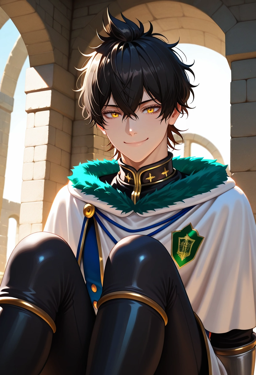 masterpiece, best quality, intricate details, (photorealistic:0.6), , 1boy, solo, male focus, <lora:yuno_black_clover_ilxl:0.98>, yuno_black_clover, black hair, yellow eyes, short hair, hair between eyes, , cowboy shot, stonehenge, indoors, knees up, smile, knight costume