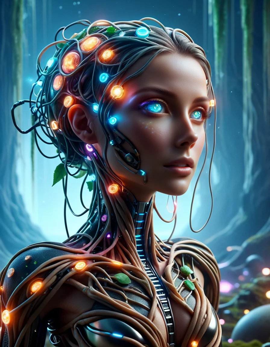 cybernetic style Ultimate fusion of technology and allure, Cosmic Cyber Warrior. Embodying the creative genius of Jovana Rikalo, Brandon Woelfel, and Ross Tran, spectacular cosmic landscapes fraught with otherworldly conflict. Shimmering cables course beneath her translucent epidermis, connecting to powerful vertebrae that support a resplendent skull adorned with cascading neon undercut locks. Mysterious constellations twinkle ominously overhead, casting eerie shadows on the ground below. This masterpiece encapsulates the quintessential essence of science fiction, presenting a highly detailed exploration of extraterrestrial themes guaranteed to captivate audiences worldwide. . futuristic, technological, cybernetic enhancements, robotics, artificial intelligence themes, made of ral-mythfrst <lora:ral-mytfrst:1>