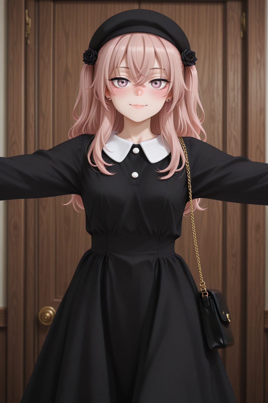masterpiece, best quality, amazing quality, 1girl, solo, makeup, general, looking at viewer, blush, cowboy shot, smile, boutique, indoors, fancy, blush, lovely, spread arms, looking at viewer, <lora:sajuna-inui-s1-illustriousxl-lora-nochekaiser:1>, sajuna inui, inui sajuna, long hair, bangs, hair ornament, hair between eyes, pink hair, pink eyes, two side up, crossed bangs, black flower, black rose, mature female, small breasts, <lora:Showa_Retro_Black_Dress:1>, Showa_Retro_Black_Dress, dress, black dress, long sleeves, collared dress, white buttons, jewelry, earrings, shoes, hat, black headwear, bag, handbag, <lora:wai-2Rectified-V140:1>, <lora:Illustrious_-_Refiner:1>