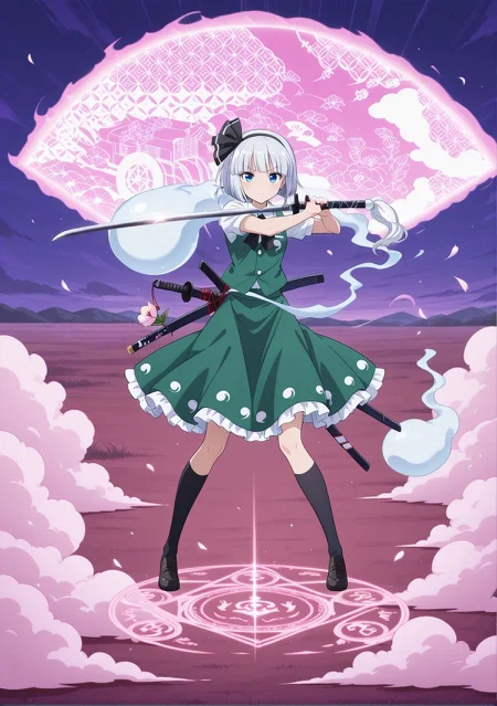 absurdres, highres, masterpiece, best quality, amazing quality, official anime artwork, screencap, anime screencap, outdoors, looking at viewer, serious, dynamic pose, standing,
<lora:Yuyuko's-Fan-Aura_Illustrious:0.9> yuyuko-fanaura, background, cloud, folding fan, chariot, pink aura, flower,
<lora:Youmu-Konpaku_Illustrious:1> konpaku youmu, 1girl, solo, white hair, short hair, blunt bangs, blue eyes,, hairband, hair ribbon, black ribbon, black bowtie, white shirt, collared shirt, green vest, green skirt, socks, katana, ghost, 
smoke, ghost, magic circle, katana, plains, fighting stance,
