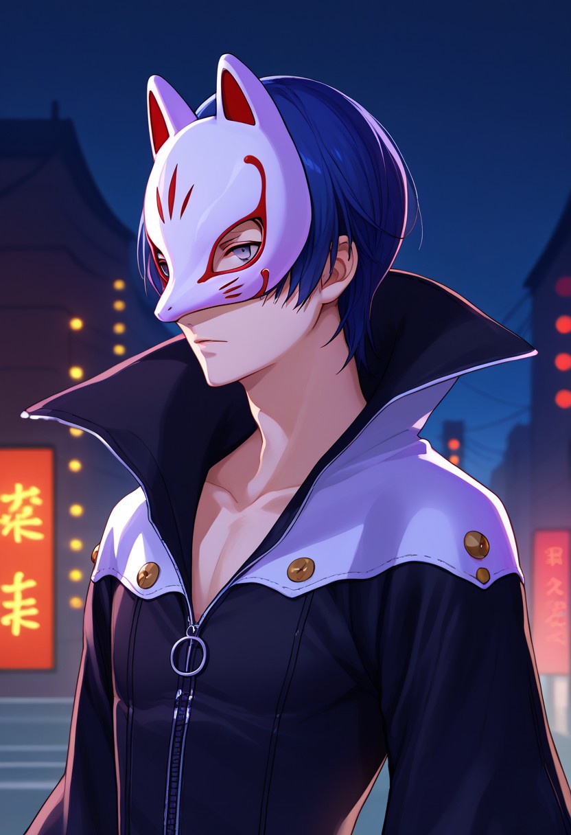 score_9, score_7_up, source_anime 
yusuke, 
1boy, male focus, solo, grey eyes, blue hair, short hair, thief outfit, mask, fox mask, jacket, black jacket, high collar, zipper, upper body,
outdoor, dark, darkness, light, red lights.