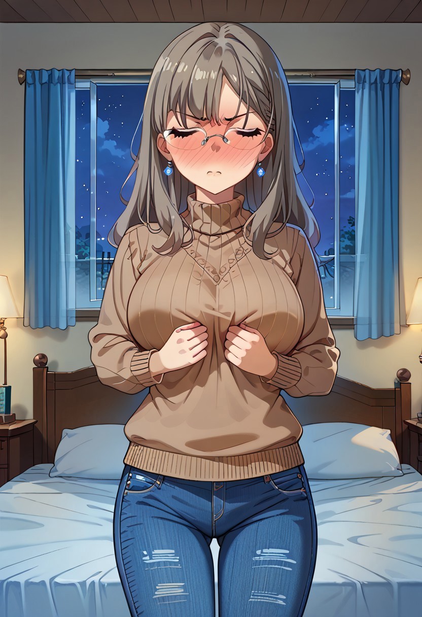 safe_pos, score_9, score_8_up, score_7_up, source_anime, masterpiece, best quality, high quality, highres, cinematic lighting, (solo, front view, closed up face, cowboy shot, bedroom, bed, window, different angles), (Futaba_Rio, closed_eyes, grey_hair, long_hair, large_breasts, rimless_eyewear, simple sweater, brown sweater, blue pants, denim pants, blue earrings, hands at front belly, detail hands, looking away, angry, disgusted, standing, perfect anatomy, anatomically correct hands, 5 finger hands), (night, Expressiveh, full-face blush, vnbg, modern_bg, good_hands)