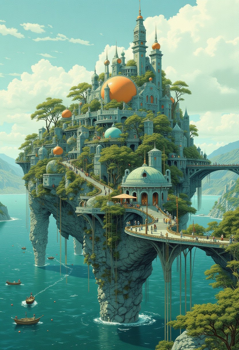 A city on stilts in the middle of the ocean, futuristic, mesmerising, surreal