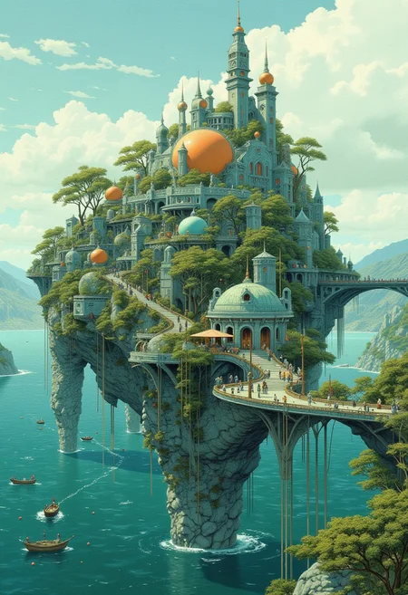 A city on stilts in the middle of the ocean, futuristic, mesmerising, surreal