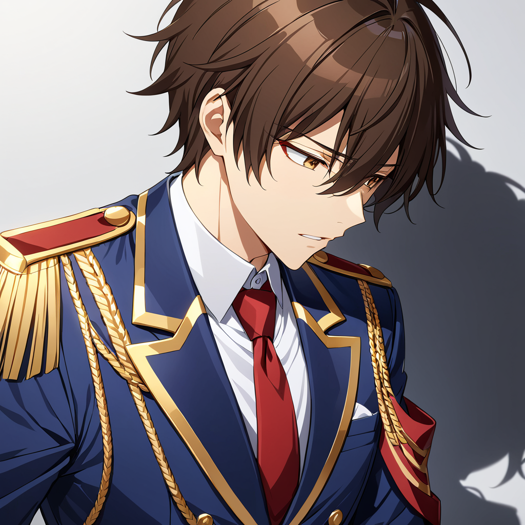 <lora:Kanie_New_XL:0.7>,<lora:DetailedEyes_V3:1.6>,looking down,shadow face,parted lips,
Seiya Kanie,(1boy),solo,Dark Brown hair,white shirt,white dress shirt under a dark blue jacket with golden accents,gold aiguillettes worn on the right shoulder,a red tie,gray pants,and a red armband,
