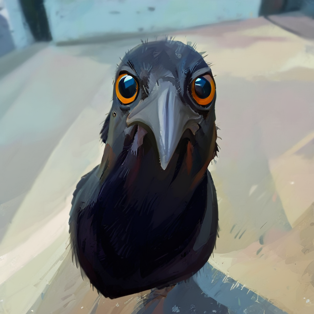 fisheye view, a curious black crow looks at the camera, stares at the viewer, caricature, albeniz rodriguez style <lora:albeniz-rodriguez-style-v2:1>