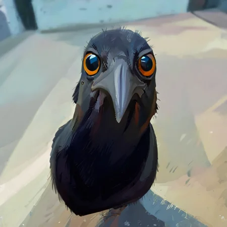fisheye view, a curious black crow looks at the camera, stares at the viewer, caricature, albeniz rodriguez style <lora:albeniz-rodriguez-style-v2:1>