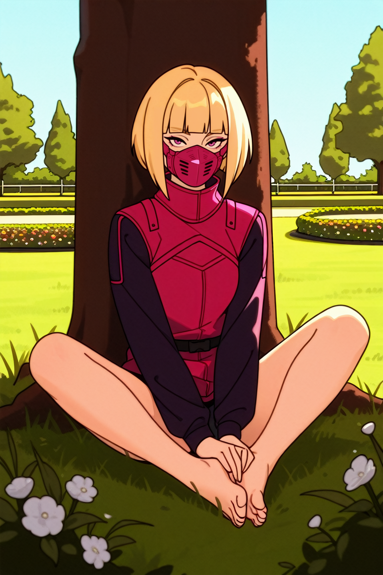 masterpiece, best quality, absurdres,
<lora:ILERKiwi:0.8>
ERKiwi, 1girl, blonde hair, short hair, blunt bangs, mask, looking at viewer, sitting, knees apart feet together , against tree, outside, garden, park, grass, flowers