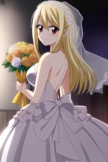 masterpiece, best quality, lucy4k-5000, looking back over shoulder, wedding dress, beautiful, holding a bouquet of flowers
